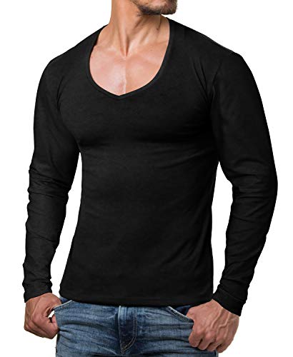 ReRock by Young & Rich Herren Longsleeve mit tiefem V Ausschnitt - Langarm Shirt V einfarbig Slim fit - Uni Basic Langarmshirt V Neck Shirt Stretch - Schwarz Größe XXL von ReRock