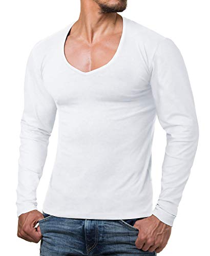 ReRock by Young & Rich Herren Longsleeve mit tiefem V Ausschnitt - Langarm Shirt V einfarbig Slim fit - Uni Basic Langarmshirt V Neck Shirt Stretch - Weiß Größe XL von ReRock