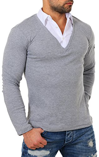 ReRock Herren 2in1 Longsleeve Hemd Kragen Shirt Pullover Langarm mit tiefem V-Ausschnitt einfarbig Slimfit Stretch, Grösse:L, Farbe:Grau von ReRock