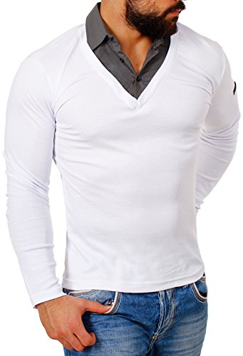 ReRock Herren 2in1 Longsleeve Hemd Kragen Shirt Pullover Langarm mit tiefem V-Ausschnitt einfarbig Slimfit Stretch, Grösse:L, Farbe:Weiß von ReRock