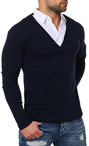 ReRock Herren 2in1 Longsleeve Hemd Kragen Shirt Pullover Langarm mit tiefem V-Ausschnitt einfarbig Slimfit Stretch, Grösse:S, Farbe:Dunkelblau von ReRock