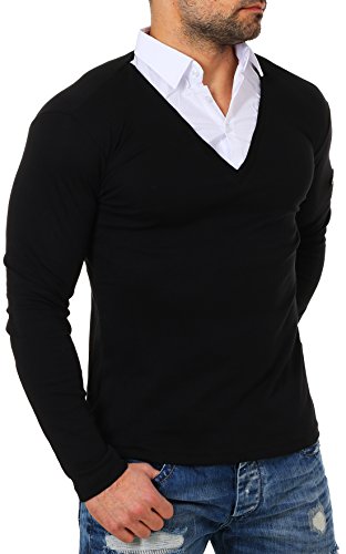 ReRock Herren 2in1 Longsleeve Hemd Kragen Shirt Pullover Langarm mit tiefem V-Ausschnitt einfarbig Slimfit Stretch, Grösse:S, Farbe:Schwarz von ReRock