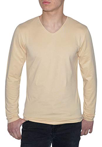 Young & Rich Herren Longsleeve 10 Farben V-Ausschnitt - Langarm Shirt einfarbig Slim fit - Uni Basic V-Neck Shirt Stretch - Beige Größe M von ReRock