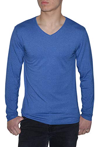 Young & Rich Herren Longsleeve 10 Farben V-Ausschnitt - Langarm Shirt einfarbig Slim fit - Uni Basic V-Neck Shirt Stretch - Blau Melange Größe S von ReRock