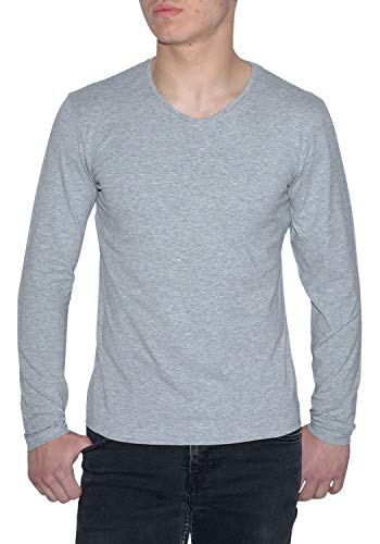 Young & Rich Herren Longsleeve 10 Farben V-Ausschnitt - Langarm Shirt einfarbig Slim fit - Uni Basic V-Neck Shirt Stretch - Grau Melange Größe XL von ReRock