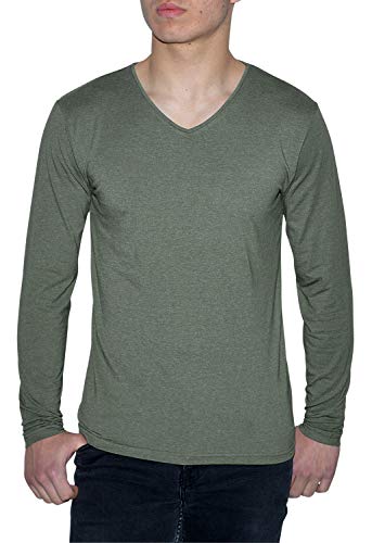 Young & Rich Herren Longsleeve 10 Farben V-Ausschnitt - Langarm Shirt einfarbig Slim fit - Uni Basic V-Neck Shirt Stretch - Größe S bis 3XL (Olivgrün, 3XL) von ReRock