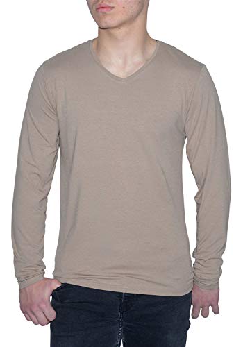 Young & Rich Herren Longsleeve 10 Farben V-Ausschnitt - Langarm Shirt einfarbig Slim fit - Uni Basic V-Neck Shirt Stretch - Light Brown Größe M von ReRock