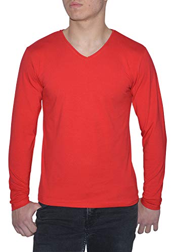 ReRock Young & Rich Herren Longsleeve 10 Colors V-Neck - Langarm Shirt Plain Slim Fit - Uni Basic V-Neck Shirt Stretch - Rot Größe M von ReRock