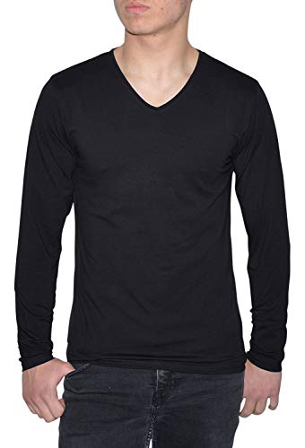 Young & Rich Herren Longsleeve 10 Farben V-Ausschnitt - Langarm Shirt einfarbig Slim fit - Uni Basic V-Neck Shirt Stretch - Schwarz Größe S von ReRock