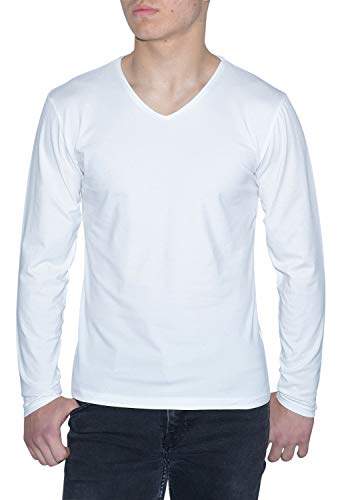 Young & Rich Herren Longsleeve 10 Farben V-Ausschnitt - Langarm Shirt einfarbig Slim fit - Uni Basic V-Neck Shirt Stretch - Weiß Größe 2XL von ReRock
