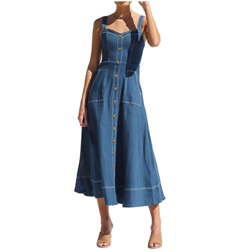 Damen Jeanskleid a Linie Lang Trägerkleid Casual Ladies Denim Dungarees Dress Rock Split Knopf up Sommerkleid Verstellbar Träger Loose Fit Freizeitkleid Mit Taschen von ReSin90s