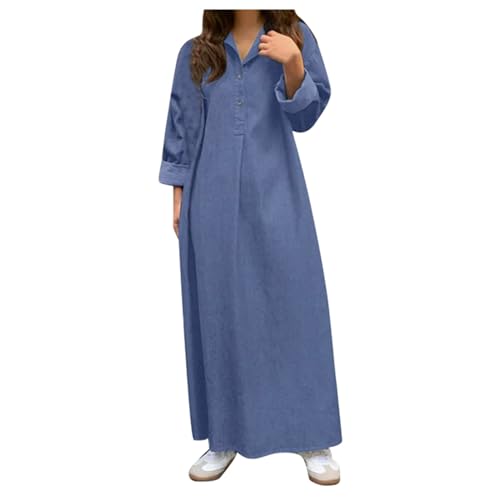 Damen Jeanskleid übergröße Lange ärmel Sommerkleid Frauen Casual Loose Jeans Kleider Split Knopf up V-Ausschnitt Einfarbig A-Linie Maxi Denimkleid Tunika Hemd Blusenkleid von ReSin90s