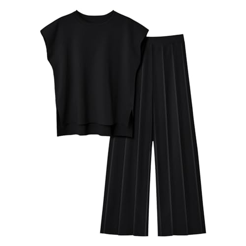 Damen Zweiteiler Elegant Hausanzug Freizeitanzug Kurzarm Bequeme Lounge Set Schlafanzug Freizeit Outfit Rundhalsausschnitt Gerippt Strickpullover Mit Lange Hose Sommeranzug Casual Sommer Outfits von ReSin90s