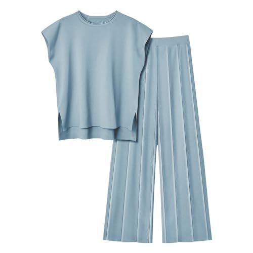 Damen Zweiteiler Elegant Hausanzug Freizeitanzug Kurzarm Bequeme Lounge Set Schlafanzug Freizeit Outfit Rundhalsausschnitt Gerippt Strickpullover Mit Lange Hose Sommeranzug Casual Sommer Outfits von ReSin90s