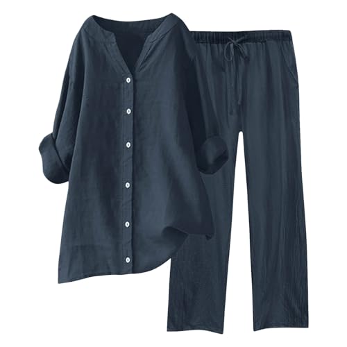 Damen Zweiteiler Musselin Bluse Hemd Und Lang Hose Aesthetic Lounge Set Strand Outfit Elegant V-Ausschnitt Two Piece Set Freizeit Streetwear Große Größe von ReSin90s