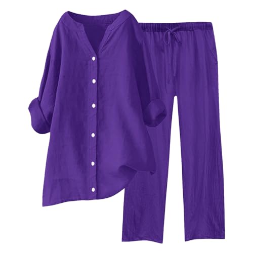 Damen Zweiteiler Musselin Bluse Hemd Und Lang Hose Aesthetic Lounge Set Strand Outfit Elegant V-Ausschnitt Two Piece Set Freizeit Streetwear Große Größe von ReSin90s