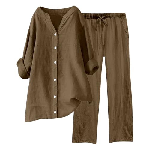 Damen Zweiteiler Musselin Bluse Hemd Und Lang Hose Aesthetic Lounge Set Strand Outfit Elegant V-Ausschnitt Two Piece Set Freizeit Streetwear Große Größe von ReSin90s