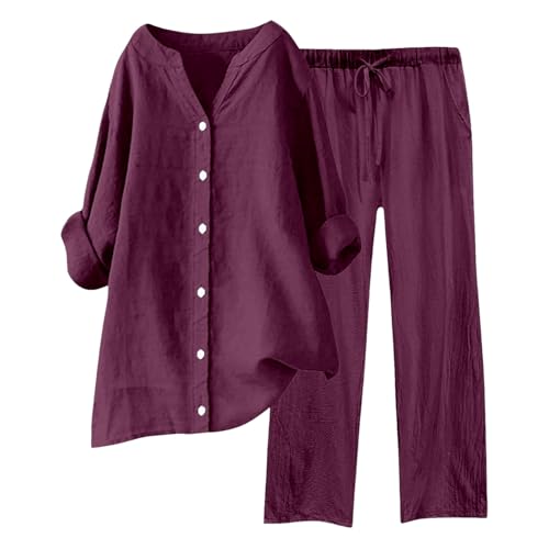 Damen Zweiteiler Musselin Bluse Hemd Und Lang Hose Aesthetic Lounge Set Strand Outfit Elegant V-Ausschnitt Two Piece Set Freizeit Streetwear Große Größe von ReSin90s