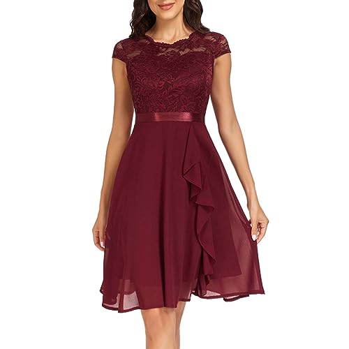 Kleid Damen Elegant Spitze a Linie Partykleid Hohe Taille Cocktailkleid Midikleid Festliches Kleider Einfarbig Mesh Kleid Sexy Swing Kleider Sommerkleid Für Hochzeit von ReSin90s