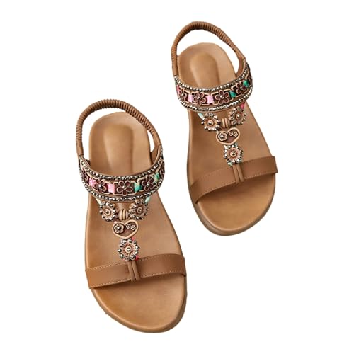 ReSin90s Damen Sandalen Flache Sandalette Bohemia Sandals Mit Strass Perlen Strand Bequem Slingback Kleid Schuhe Sommersandalen Orthopädische-Sandale Mit Fussbett Atmungsaktive Slingback von ReSin90s