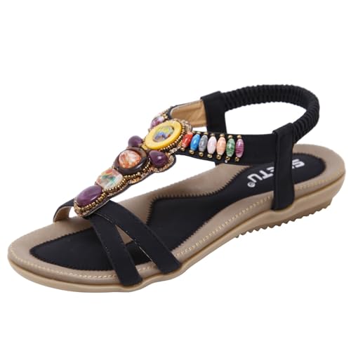 ReSin90s Damen Sandalen Glitzer Strass Freizeit Flach Sandalette Strandschuhe Flach Strand Schuhe Bohemian Sandale Freizeitsandale Orthopädische Slipper Mit Blumen Pantoletten Sommerschuhe von ReSin90s