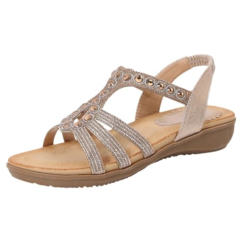ReSin90s Damen Sandalen Sommer Sommer Bequem Elegant Sandalen Mit Strass Perlen Bohemia Strand Schuhe Strandschuhe Keilabsatz Pumps Freizeitsandale Damensandalen von ReSin90s