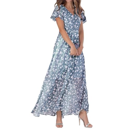 ReSin90s Damen Sommer Kleider Kurzarm Strandkleider Casual V-Ausschnitt Kleider Lange Blumendruck Sommerkleid Boho Strandkleid Maxi Kleid Strandwear von ReSin90s