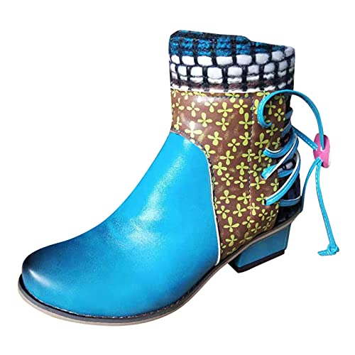 ReSin90s Ethnische Damen-Reißverschluss-Fersenstiefel Fashion Side Roman Short Boots Damenstiefel Stiefeletten Damen Blau Sommer (Blue, 39) von ReSin90s