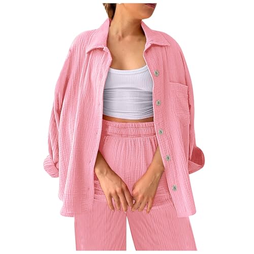 ReSin90s Leinen Set Damen Zweiteiler Musselin Hosenanzüge Elegant Langarm Top Und Hose 2 Teiler Leinen Baumwolle Freizeitanzug Casual Leicht Anzug Loungewear Set von ReSin90s
