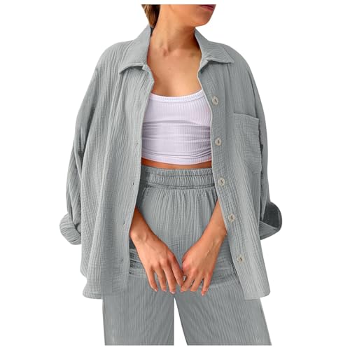 ReSin90s Leinen Set Damen Zweiteiler Musselin Hosenanzüge Elegant Langarm Top Und Hose 2 Teiler Leinen Baumwolle Freizeitanzug Casual Leicht Anzug Loungewear Set von ReSin90s