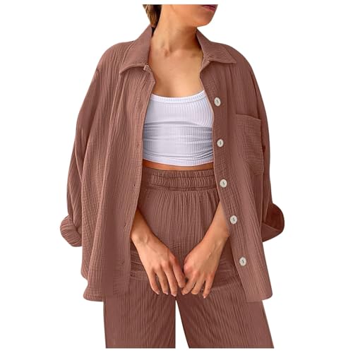 ReSin90s Leinen Set Damen Zweiteiler Musselin Hosenanzüge Elegant Langarm Top Und Hose 2 Teiler Leinen Baumwolle Freizeitanzug Casual Leicht Anzug Loungewear Set von ReSin90s