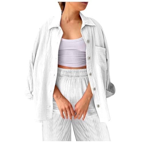 ReSin90s Leinen Set Damen Zweiteiler Musselin Hosenanzüge Elegant Langarm Top Und Hose 2 Teiler Leinen Baumwolle Freizeitanzug Casual Leicht Anzug Loungewear Set von ReSin90s