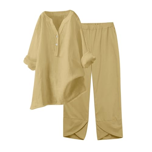 ReSin90s Leinen Zweiteiler Damen Sommer Casual Hosenanzug Elegant 2 Teiler Einfarbig Button Down Langarm Tshirt und Lange Hose Freizeitanzug Leicht Sportanzug Tracksuit Jogginganzug Workout Set von ReSin90s