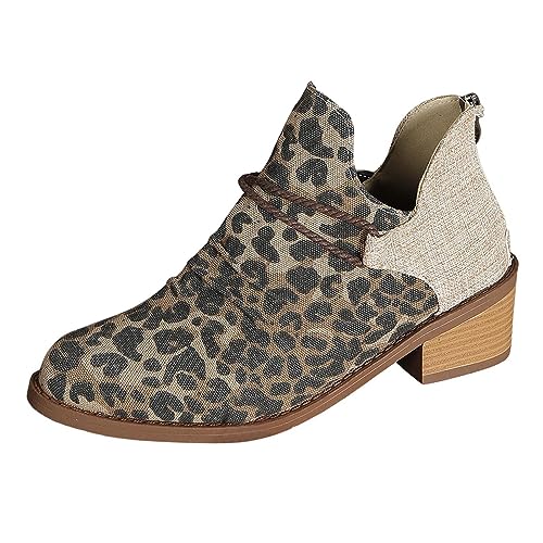 ReSin90s Retro Leopardenmuster Patchwork Canvas Rückseite Reißverschluss Dicker Absatz Kurze Stiefel Damen Kurz (Brown, 37) von ReSin90s