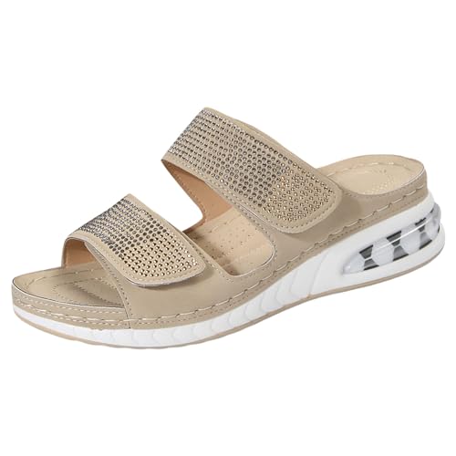 ReSin90s Sandalen Damen Mit Strass Perlen Bohemia Strand Schuhe Sommerschuhe Open Toe Wedges Strand Im Freien Dicke Boden Sandalen Open Toe Summer Comfortable Holiday Sandals Riemchensandalen von ReSin90s
