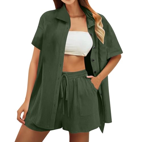 ReSin90s Summer Zweiteiler Damen Musselin Bluse Set, Elegant Leinen Bluse Hemd Und Shorts Sets Einfarbig Lounge Set Y2k Clothes Baumwolle Sportanzug Oversize Freizeitanzug Kurzarm Hausanzug Outfits von ReSin90s