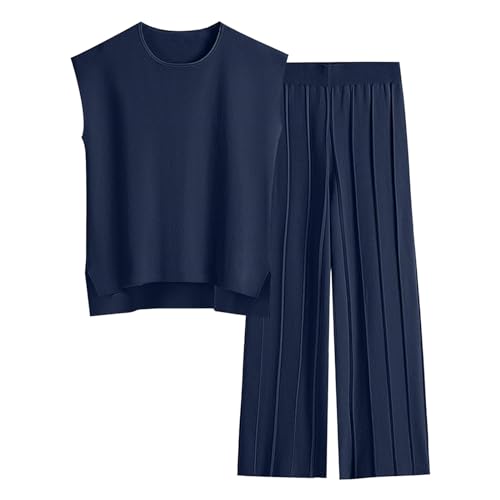 Zweiteiler Damen Elegant 2 Pieces Jogginganzug Damen Set Langarm Lounge Sets Strickpullover Top Weites Bein Elastische Taille Hose Anzug Loungewear 2-Teiliges Jogginghose Sets Business Anzug von ReSin90s