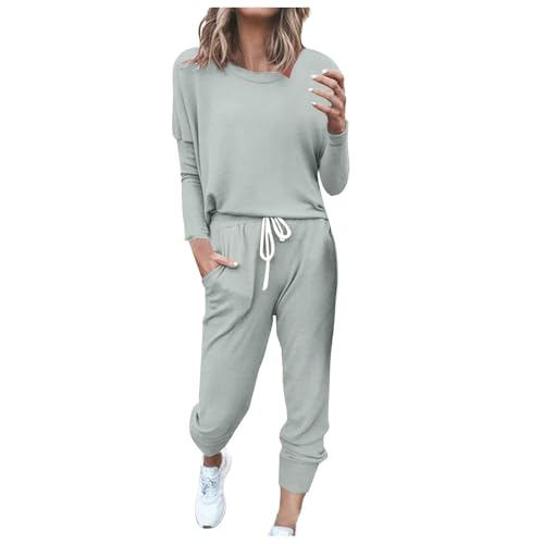ReSin90s Zweiteiler Damen Lounge Set Rundhalsausschnitt Einfarbig Loungewear Shirt Top Langärm mit Hose 2-Teiliges Hausanzug Jogginganzug Loungewear Nachtwäsche Hauskleidung Freizeit Outfit von ReSin90s