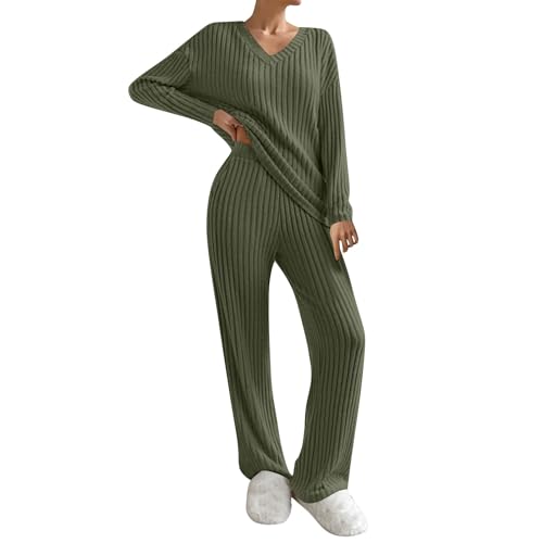 ReSin90s Zweiteiler Damen Lounge Set V-Ausschnitt Loungewear Langärm Gerippt Shirt Top Mit Hose 2-Teiliges Hausanzug Jogginganzug Trainingsanzug Nachtwäsche Hauskleidung Freizeit Outfit Pyjama Set von ReSin90s