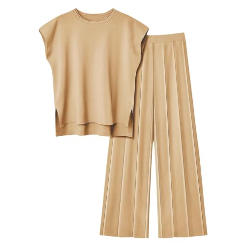 ReSin90s Zweiteiler Damen Sommer Hausanzug Damen 2 Teiler Freizeitanzug Kurzarm Gerippt Strickpullover Mit Lange Hose Lounge Set Rundhalsausschnitt Freizeit Loungewear Sleepwear Freizeit Sets von ReSin90s