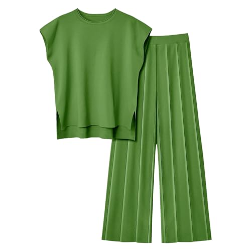 ReSin90s Zweiteiler Damen Sommer Hausanzug Damen 2 Teiler Freizeitanzug Kurzarm Gerippt Strickpullover Mit Lange Hose Lounge Set Rundhalsausschnitt Freizeit Loungewear Sleepwear Freizeit Sets von ReSin90s