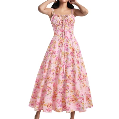 Resin90s Sommerkleid Damen Blumenmuster Maxikleid Sommer V Ausschnitt Lang Kleid Elegant Spaghettiträger Hochzeit Party Kleid Schlitz Fließendes Boho Strand Freizeitkleid (wA-Red, L) von ReSin90s