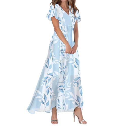 Sommerkleid Damen V-Ausschnitt Kurzarm Blumenkleid Sommer Maxikleid Casual A-Linie Lang Kleider Strand Hochzeit Fließendes Freizeitkleid Holidy Kleid von ReSin90s