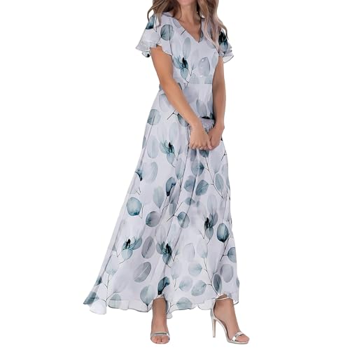 Sommerkleid Damen V-Ausschnitt Kurzarm Blumenkleid Sommer Maxikleid Casual A-Linie Lang Kleider Strand Hochzeit Fließendes Freizeitkleid Holidy Kleid von ReSin90s