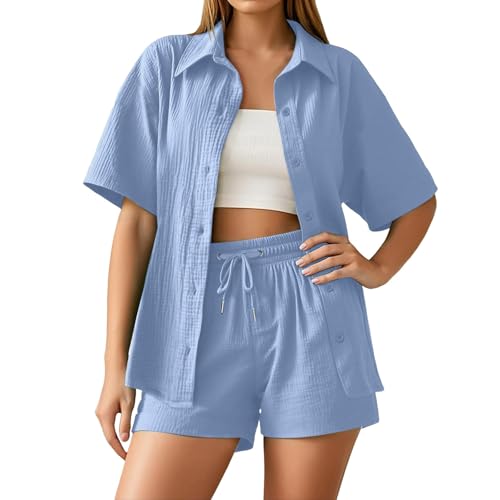 Summer Zweiteiler Damen Musselin Bluse Set, Elegant Leinen Bluse Hemd Und Shorts Einfarbig Lounge Set Strand Y2k Clothes Baumwolle Sportanzug Oversize Freizeitanzug Kurzarm Hausanzug (wA-Blue, M) von ReSin90s