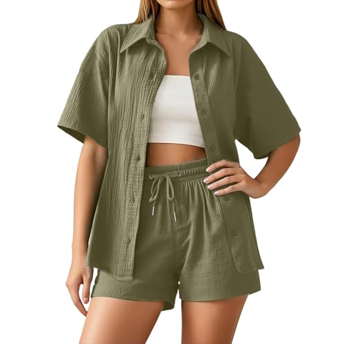 Summer Zweiteiler Damen Musselin Bluse Set, Elegant Leinen Bluse Hemd Und Shorts Einfarbig Lounge Set Strand Y2k Clothes Baumwolle Sportanzug Oversize Freizeitanzug Kurzarm Hausanzug (wA-Green, XXL) von ReSin90s