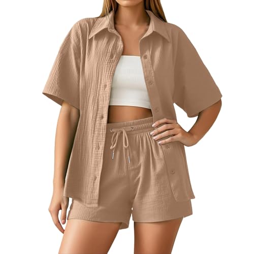 Summer Zweiteiler Damen Musselin Bluse Set, Elegant Leinen Bluse Hemd Und Shorts Einfarbig Lounge Set Strand Y2k Clothes Baumwolle Sportanzug Oversize Freizeitanzug Kurzarm Hausanzug (wA-Khaki, M) von ReSin90s