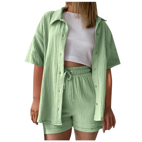 Summer Zweiteiler Damen Musselin Bluse Set, Elegant Leinen Bluse Hemd Und Shorts Einfarbig Lounge Set Strand Y2k Clothes Baumwolle Sportanzug Oversize Freizeitanzug Kurzarm Hausanzug Outfits A von ReSin90s