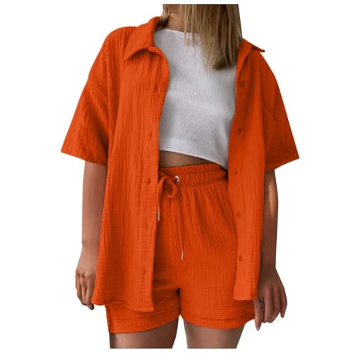 Summer Zweiteiler Damen Musselin Bluse Set, Elegant Leinen Bluse Hemd Und Shorts Einfarbig Lounge Set Strand Y2k Clothes Baumwolle Sportanzug Oversize Freizeitanzug Kurzarm Hausanzug Outfits A von ReSin90s