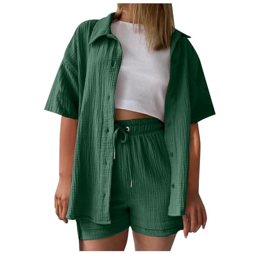 Summer Zweiteiler Damen Musselin Bluse Set, Elegant Leinen Bluse Hemd Und Shorts Einfarbig Lounge Set Strand Y2k Clothes Baumwolle Sportanzug Oversize Freizeitanzug Kurzarm Hausanzug Outfits A von ReSin90s